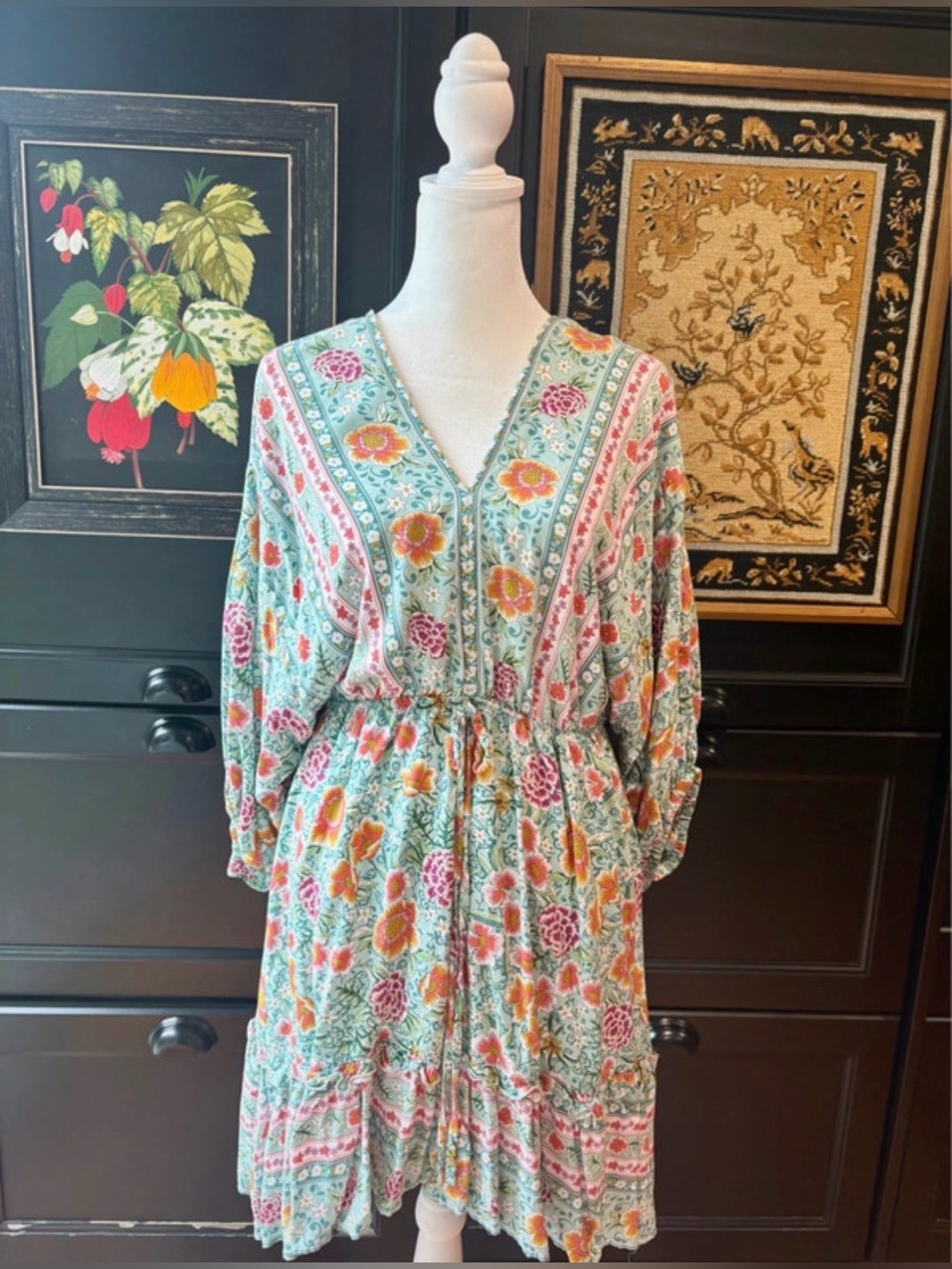Umgee Floral V-Neck Smocked Waist Dress - Mint Multi